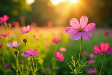 Pink cosmos flowers dance in the sunlight amidst a lush green meadow at sunset hour, afternoon light, nature, garden