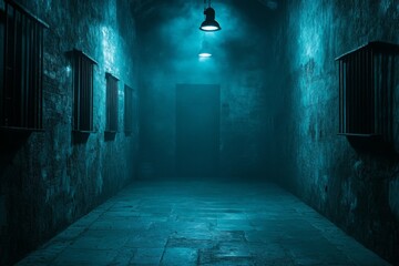 Obraz premium Eerie corridor illuminated by dim lights in an abandoned building with fog creating a haunting atmosphere