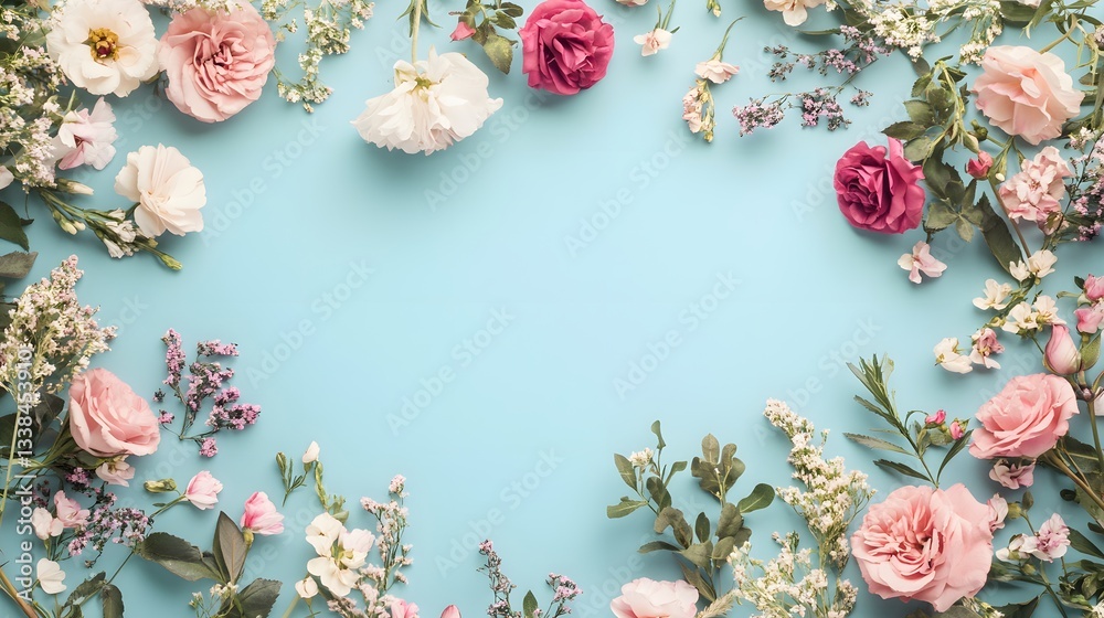 Poster floral frame composition creating copy space on light blue background