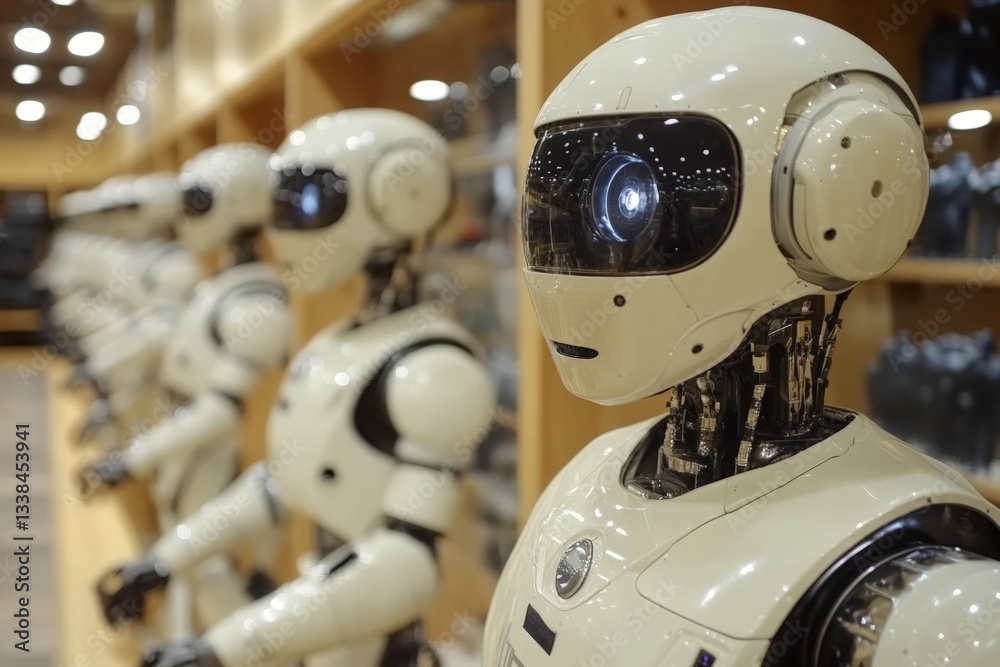 Poster futuristic robots on display in a modern tech showroom with bright lighting and glass cabinets