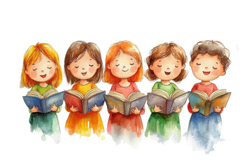 Vibrant Watercolor Illustration of Joyful Children Singing Together in a Colorful Setting isolated on transparent background