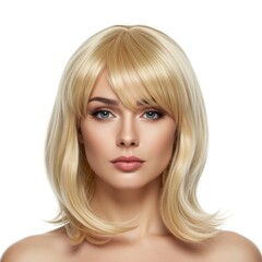 Naklejka premium Portrait of a blonde woman with stylish hairstyle on white background. Beauty, hairdressing and salon concept