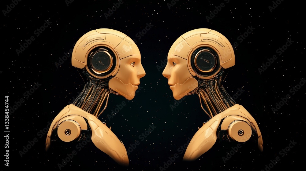 Poster futuristic robots face-to-face with advanced technology and realistic features in space