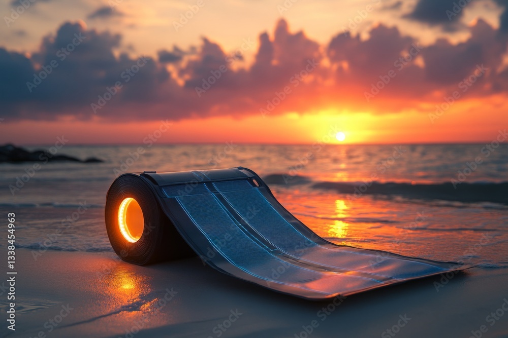 Poster sunset over a tranquil beach with a solar-powered device reflecting warm lights near the shoreline