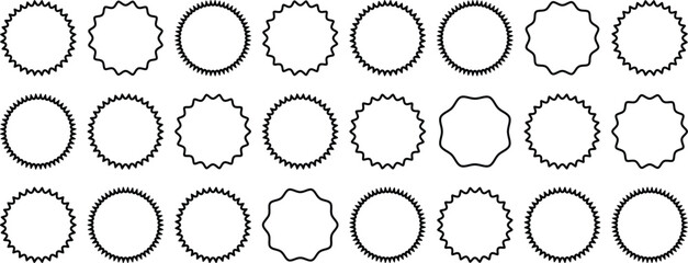 Circle sticker set. Zigzag edge promo black badges. Starburst shape tags for price. Blank sale stickers