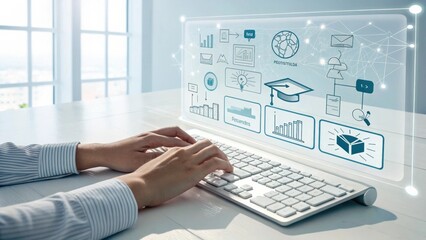 A person types on a virtual keyboard with digital icons representing education and data analytics displayed in front of them.