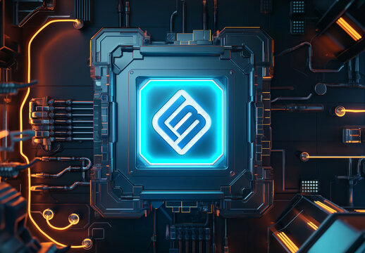 Tech Logo Mockup on Glowing Futuristic Motherboard