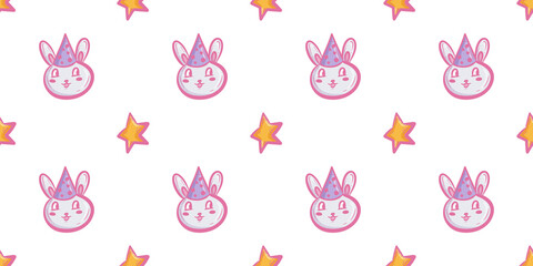Obraz premium Seamless pattern. Whimsical unicorn bunny pattern with colorful stars on white background