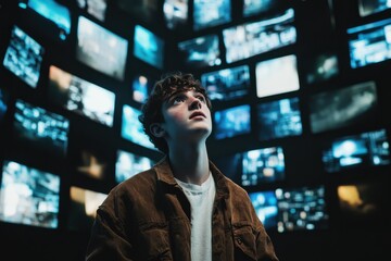 Fototapeta premium Young boy gazes up in a dark room filled with glowing screens displaying various visuals