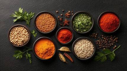 Colorful assortment of spices and herbs in bowls on dark stone table for cooking and culinary photography