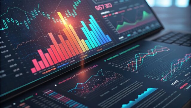 A modern digital interface displaying colorful graphs and statistical data, emphasizing financial analysis and market trends.