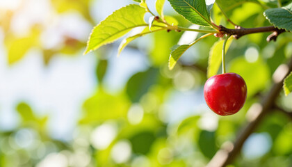 Ripe cherry hanging on tree branch in sunlight, seasonal freshness, copy space