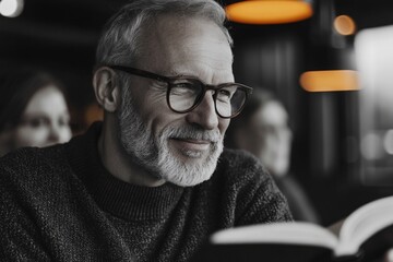 Elderly man with glasses reading a book and smiling while seated in a cozy cafe during a casual gathering at dusk