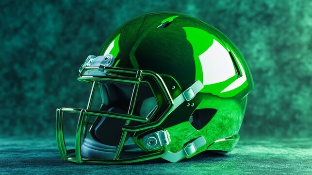 Close-up of a bright green american football helmet resting on artificial turf field, modern protective sports gear used in competitive high school, college, and professional football games