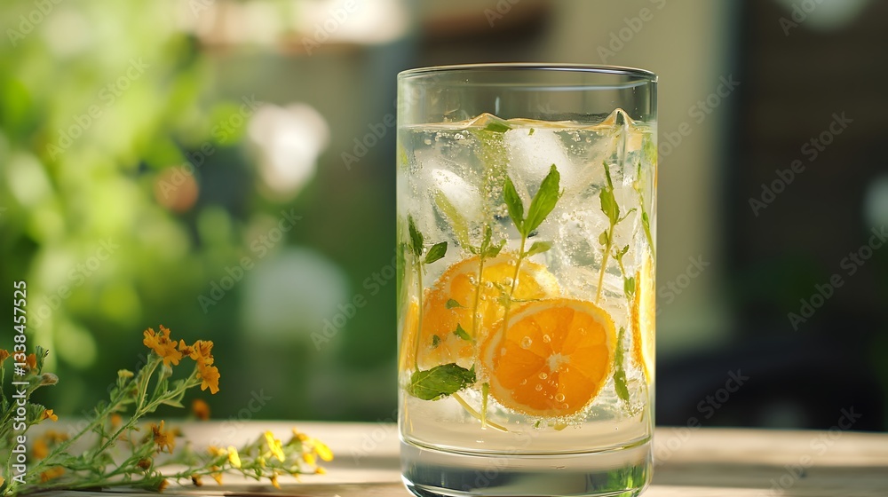 Poster refreshing summer drink with lemon, mint and ice cubes on a wooden table