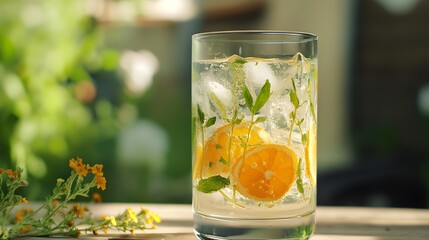 Refreshing summer drink with lemon, mint and ice cubes on a wooden table