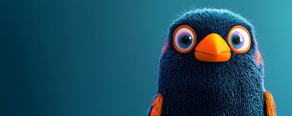 Adorable blue cartoon bird with big eyes and orange beak posing on gradient background