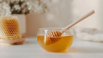Golden honey in glass bowl with wooden dipper and honeycomb on soft light background