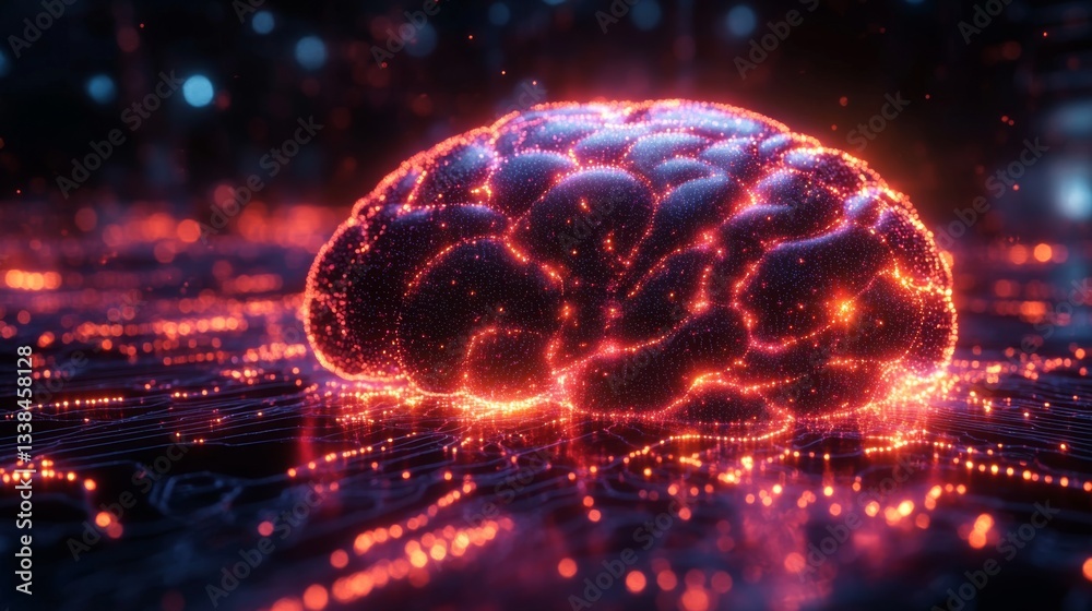 Aufkleber A vibrant representation shows a neural network resembling a brain, illuminated with glowing particles.