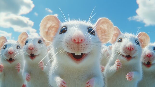 Happy white mice play in a sunny outdoor setting, enjoying their time together on a bright day near a beautiful landscape