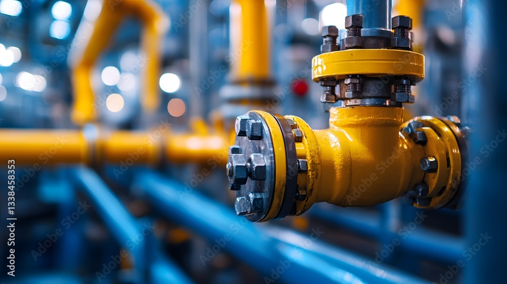 Poster industrial pipes and valves connecting in complex network within a refinery