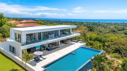 Fototapeta premium A glass-walled modern villa with a large rooftop terrace, overlooking a picturesque coastal landscape.