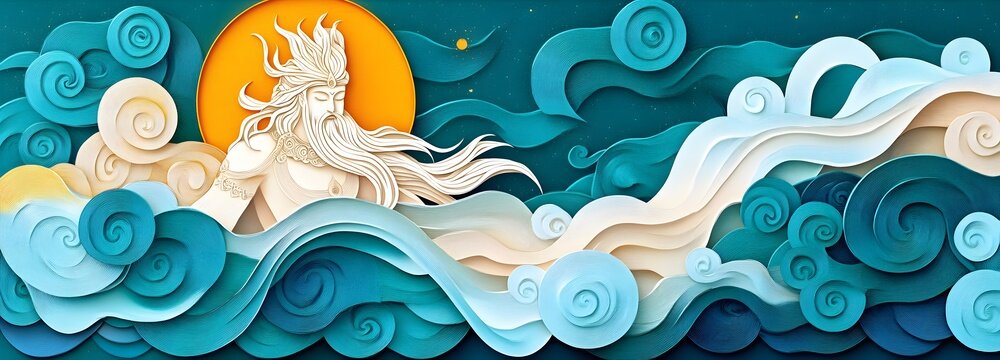 A grand papercut illustration of Lord Vayu, the wind god, soaring through swirling clouds, symbolizing movement, strength, and divine energy