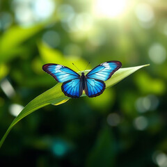 Blue Butterfly on Green Leaf