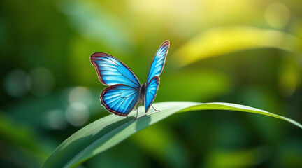 Fototapeta premium Blue Butterfly on Green Leaf
