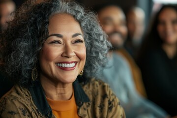 Smiling woman with curly gray hair enjoys a lively gathering in a warm atmosphere with friends present
