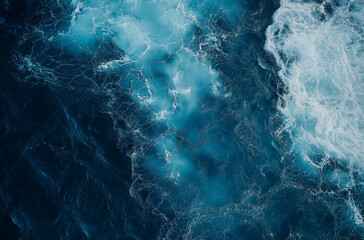 Fototapeta premium A top-down view of the ocean, flat blue water, a drone shot, waves, minimalistic, cinematic, dark, 