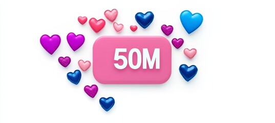 3D Render Of 50 Million Followers Celebration, Social Media Achievement, Isolated On White