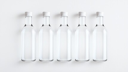Clear bottles arranged symmetrically on minimalist white backgro