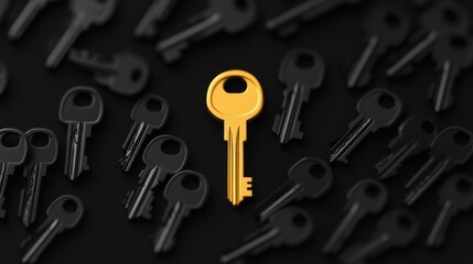Unique Gold Key Surrounded by Black Keys Symbolizing Value, Access, and Security in a Dark Environment