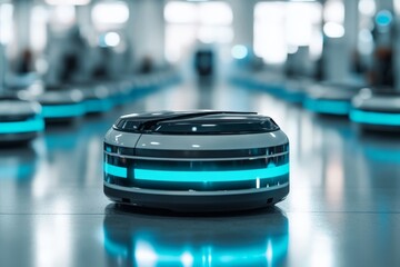 Modern autonomous robot in a high-tech warehouse setting during daylight providing efficient logistics support