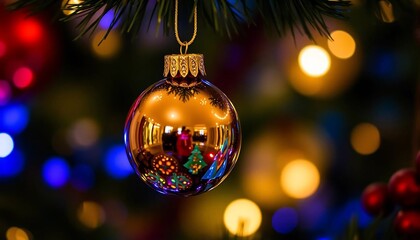 Obraz premium Christmas Ornament Hanging on a Christmas Tree with Colorful Lights