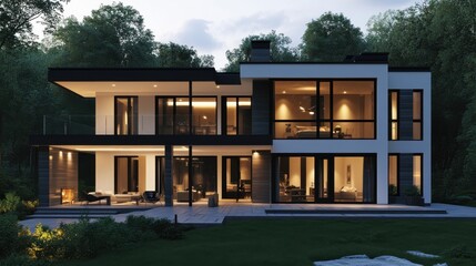 A high-end two-story modern house featuring a double-height living area, large windows, and an elegant outdoor patio.