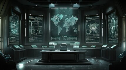 Futuristic surveillance command center.  Modern control room with multiple screens displaying global network maps, data streams, and security information.  Dark, sophisticated aesthetic