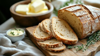 A rustic table setting featuring a loaf of freshly baked bread and slices of toasted bread, surrounded by butter and herbs for a warm, inviting atmosphere.