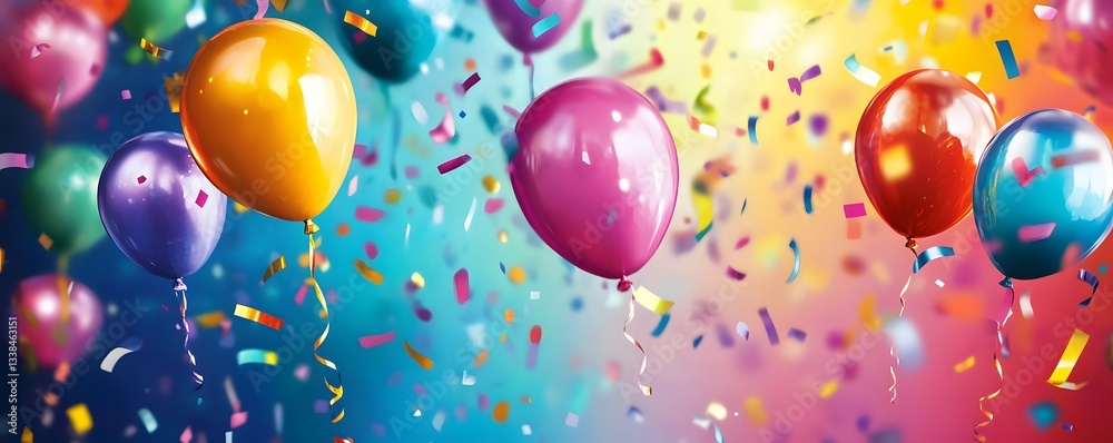 Poster colorful balloons floating with falling confetti on festive background