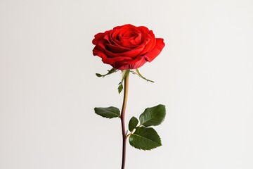 Fototapeta premium Vibrant red rose stands elegantly against minimalistic white bac