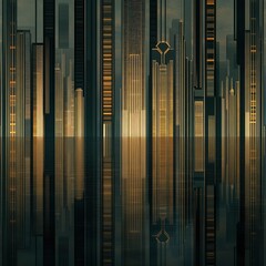 Abstract city skyline reflected in water, stylized with vertical lines and warm tones.