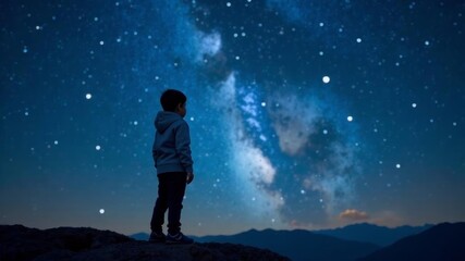 Fototapeta premium a child stands and looks at the starry sky