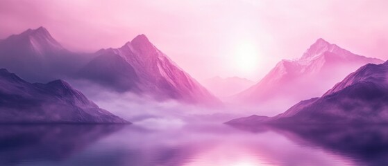 A serene landscape featuring a mountain range with a calm lake in the foreground, suitable for use as a peaceful background or to represent nature and tranquility