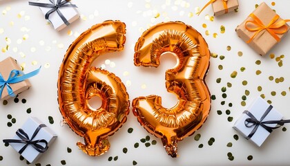 Orange balloon number 63 for sixty-third birthday or anniversary party. White background with confetti