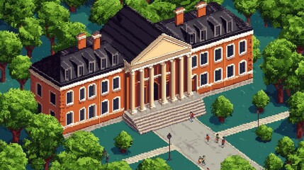 Pixel Art Illustration of a Classic University Building Surrounded by Lush Green Trees in a Park Setting