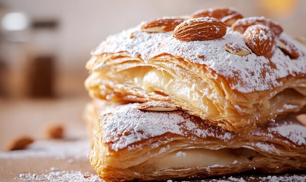 french almond crossiant pastry with buttery golden folds, lots of powdered sugar, and almonds on top, Generative AI