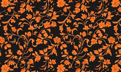 Obraz premium Ornate floral pattern with swirled vines and blooms in shades of orange against a dark background creates a seamless and elegant design