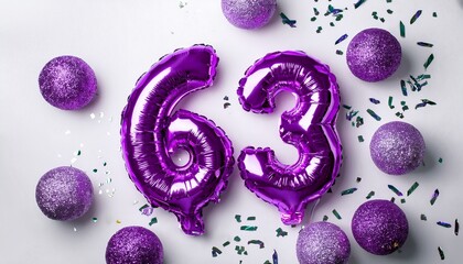 Purple balloon number 63 for sixty-third birthday or anniversary party. White background with confetti