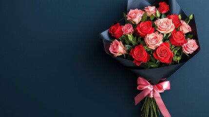 Beautiful bouquet of red and pink roses wrapped in dark paper with ribbon against a dark background